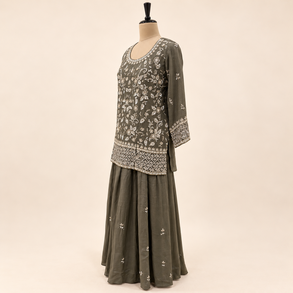 Mehndi  Green Floral Embellished Salwar Suit with Flared Bottom &amp; Dupatta