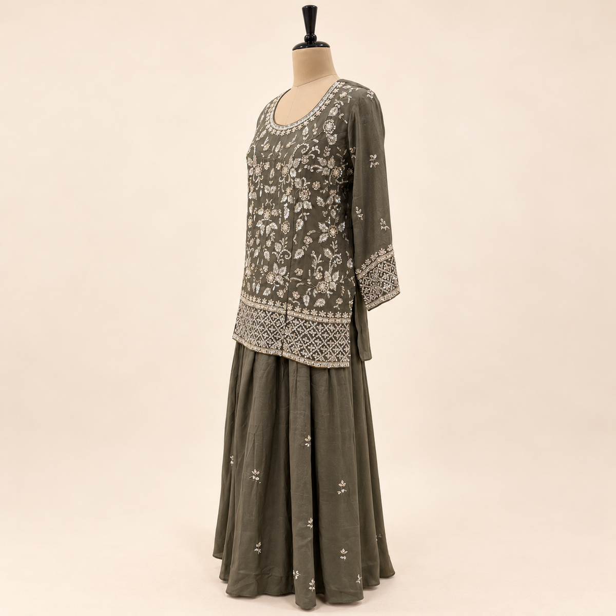 Mehndi  Green Floral Embellished Salwar Suit with Flared Bottom &amp; Dupatta