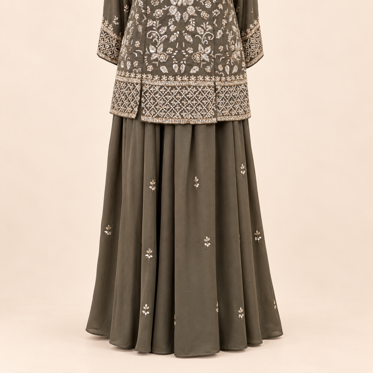 Mehndi  Green Floral Embellished Salwar Suit with Flared Bottom &amp; Dupatta
