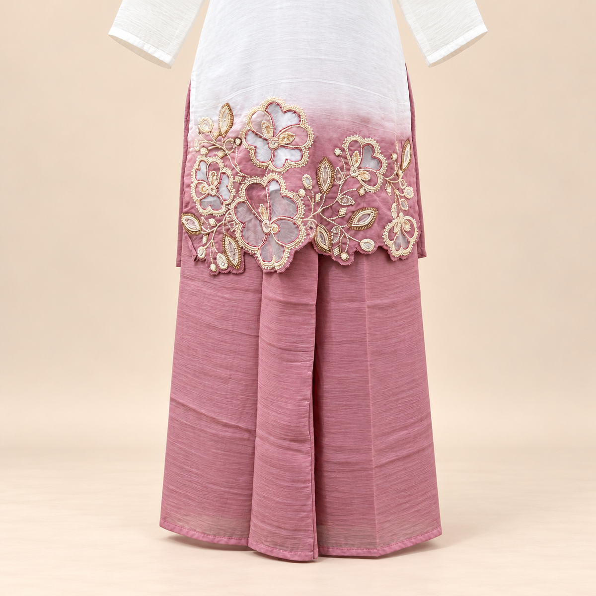 Onion Crush Floral Embroidered Kurta Set with palazzo and Dupatta