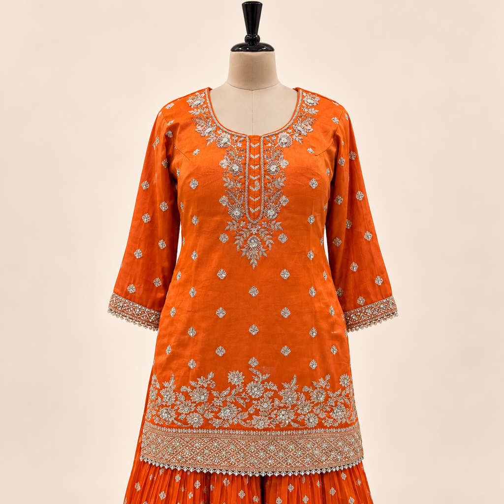 Orange Embellished Banarasi Salwar Set with Dupatta