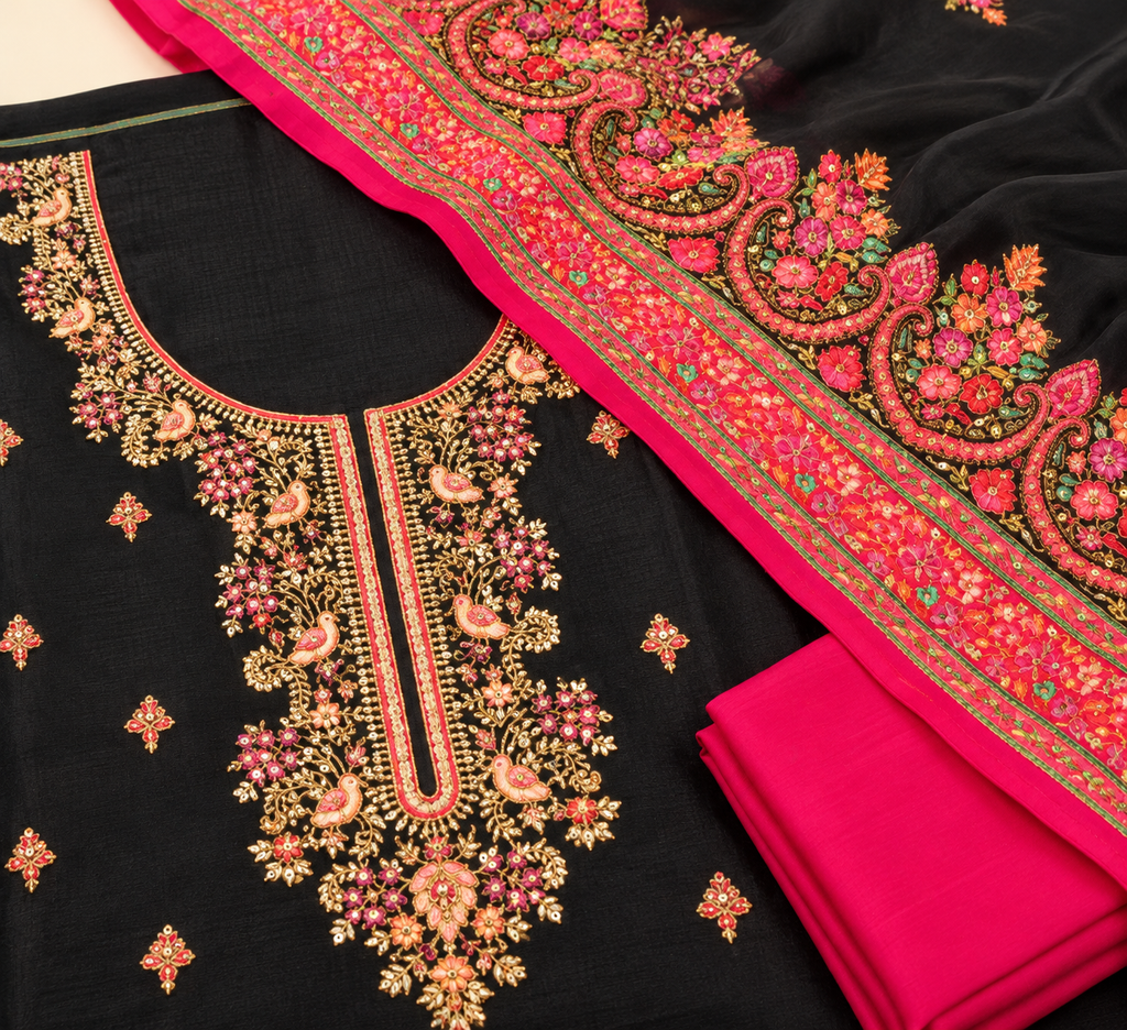 Black Pashmina Silk Multi colour Floral Embroidered Unstitched Dress Material Set