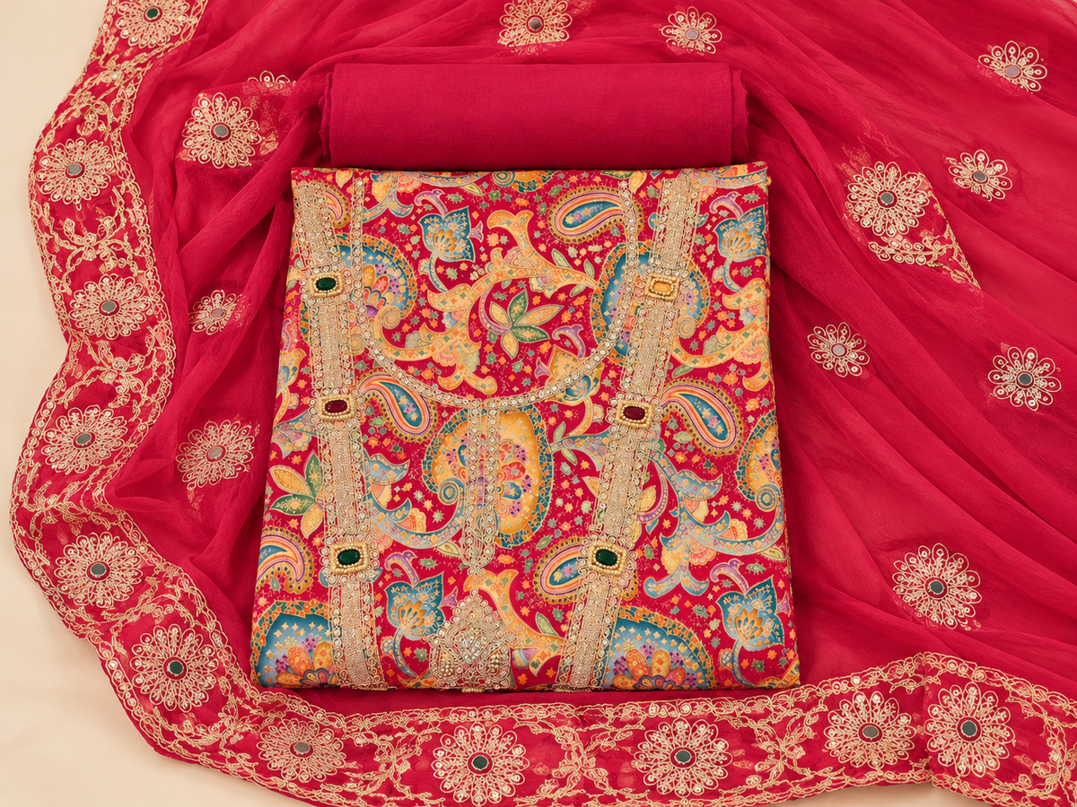Royal Rani Pink Silk Dress Material with Multicolour Paisley Embroidery