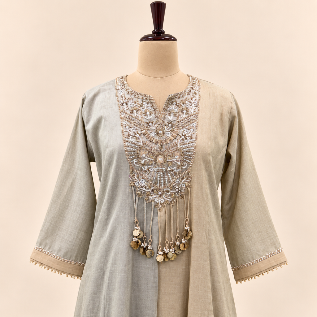 Beige Mirror Embellished Salwar Suit with Striped Dupatta