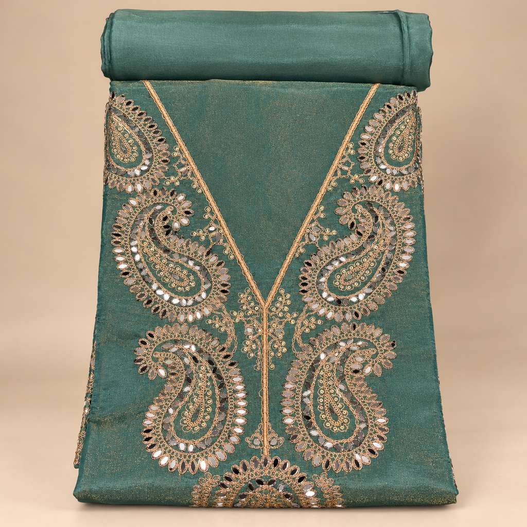 Elegant Green Raw Silk Embroidered Dress Material with Scalloped Dupatta