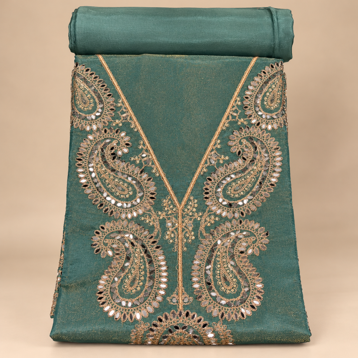 Elegant Green Raw Silk Embroidered Dress Material with Scalloped Dupatta