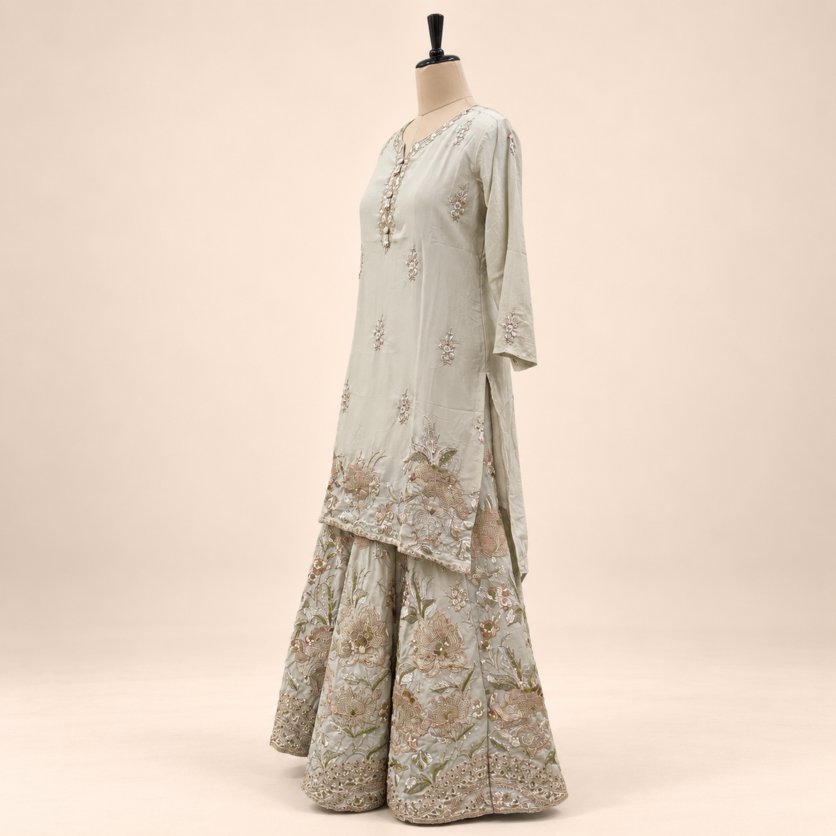 Beige Floral Embroidered Sharara Salwar Suit