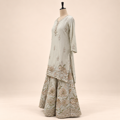 Beige Floral Embroidered Sharara Salwar Suit