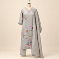 Grey Multicolour Floral Embroidered Cotton Straight Cut Salwar Suit Set with Dupatta
