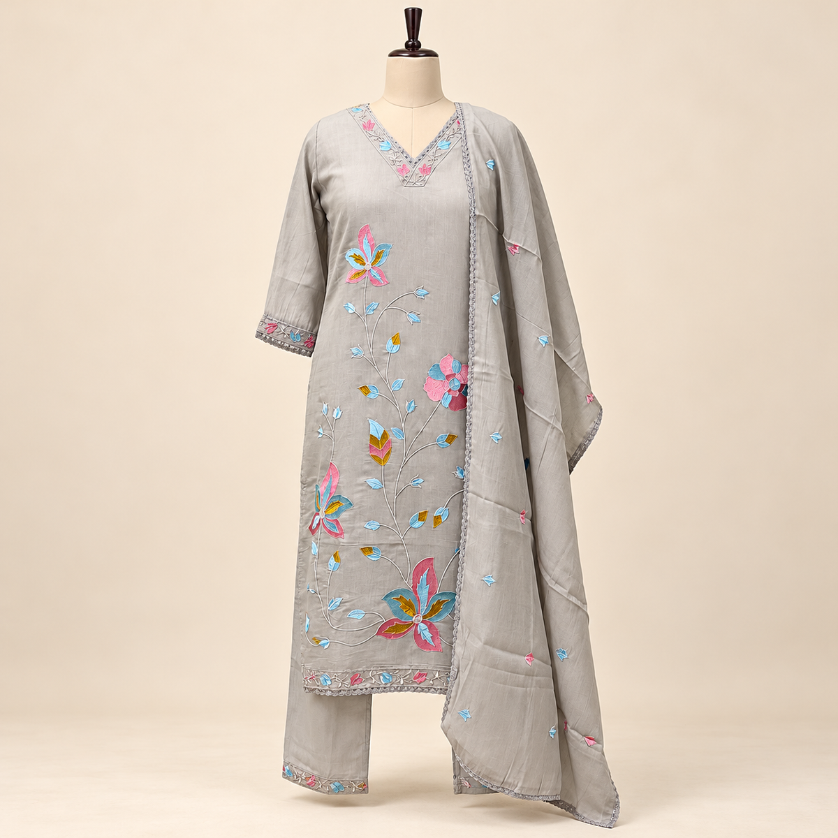 Grey Multicolour Floral Embroidered Cotton Straight Cut Salwar Suit Set with Dupatta