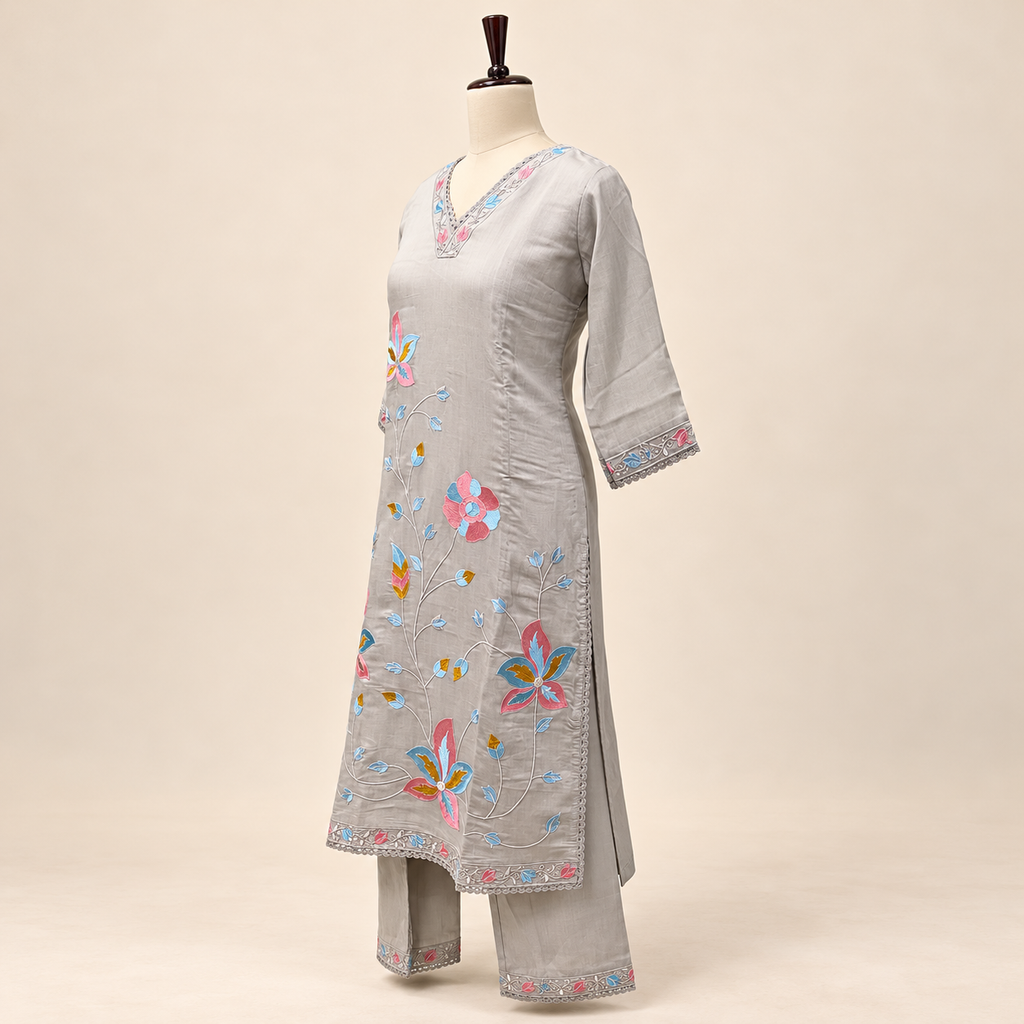 Grey Multicolour Floral Embroidered Cotton Straight Cut Salwar Suit Set with Dupatta
