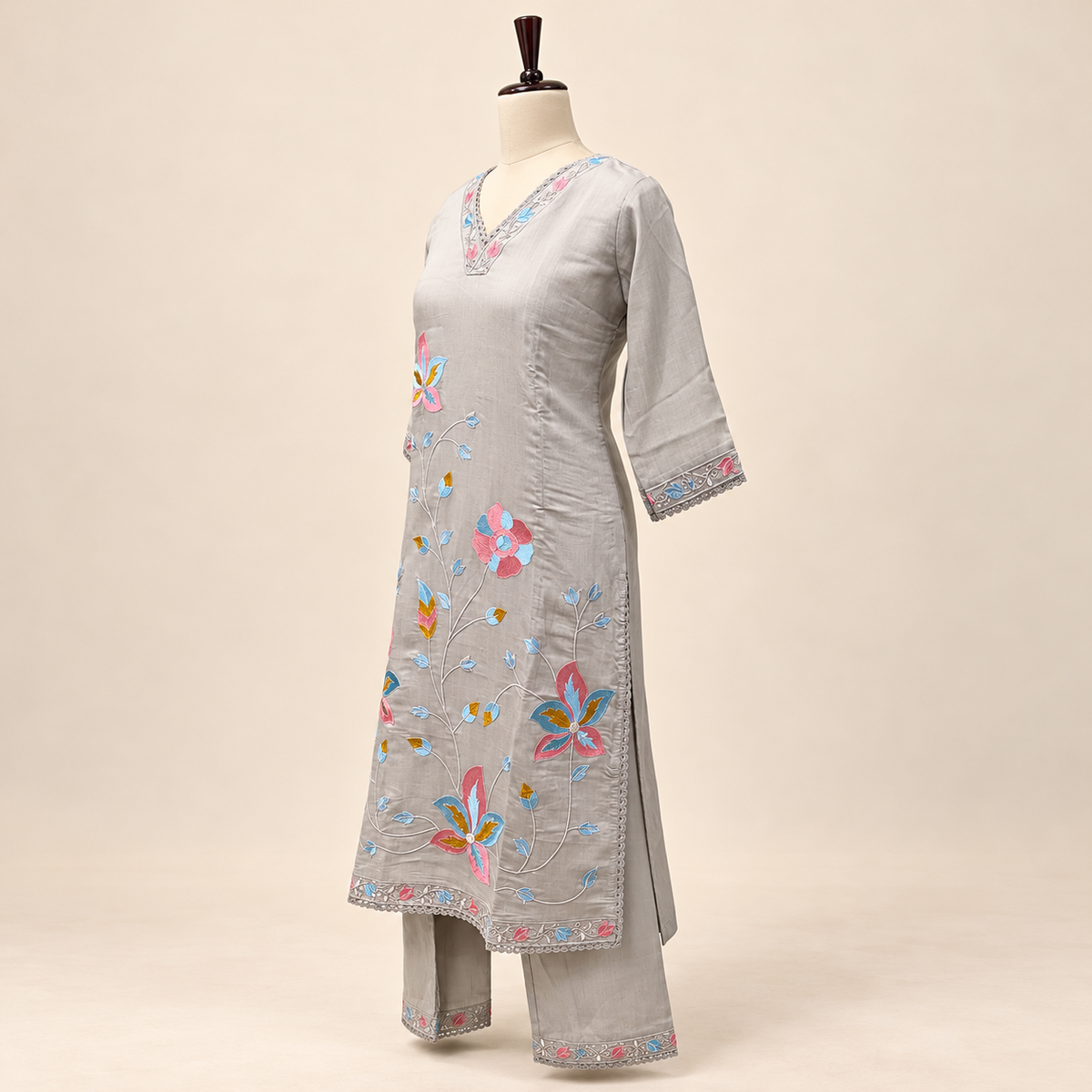 Grey Multicolour Floral Embroidered Cotton Straight Cut Salwar Suit Set with Dupatta