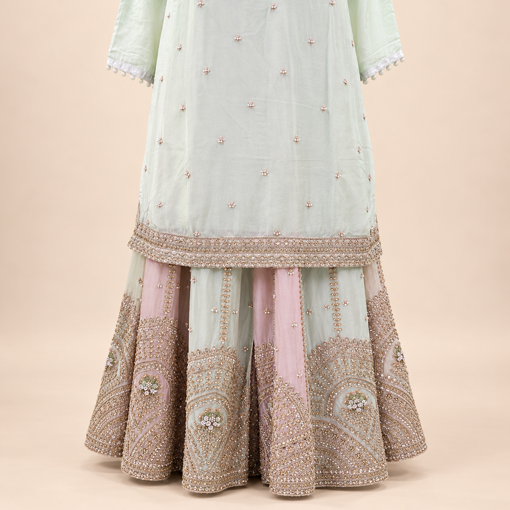 Pista Green Embroidered Chiffon palazzo Salwar Set with Dupatta