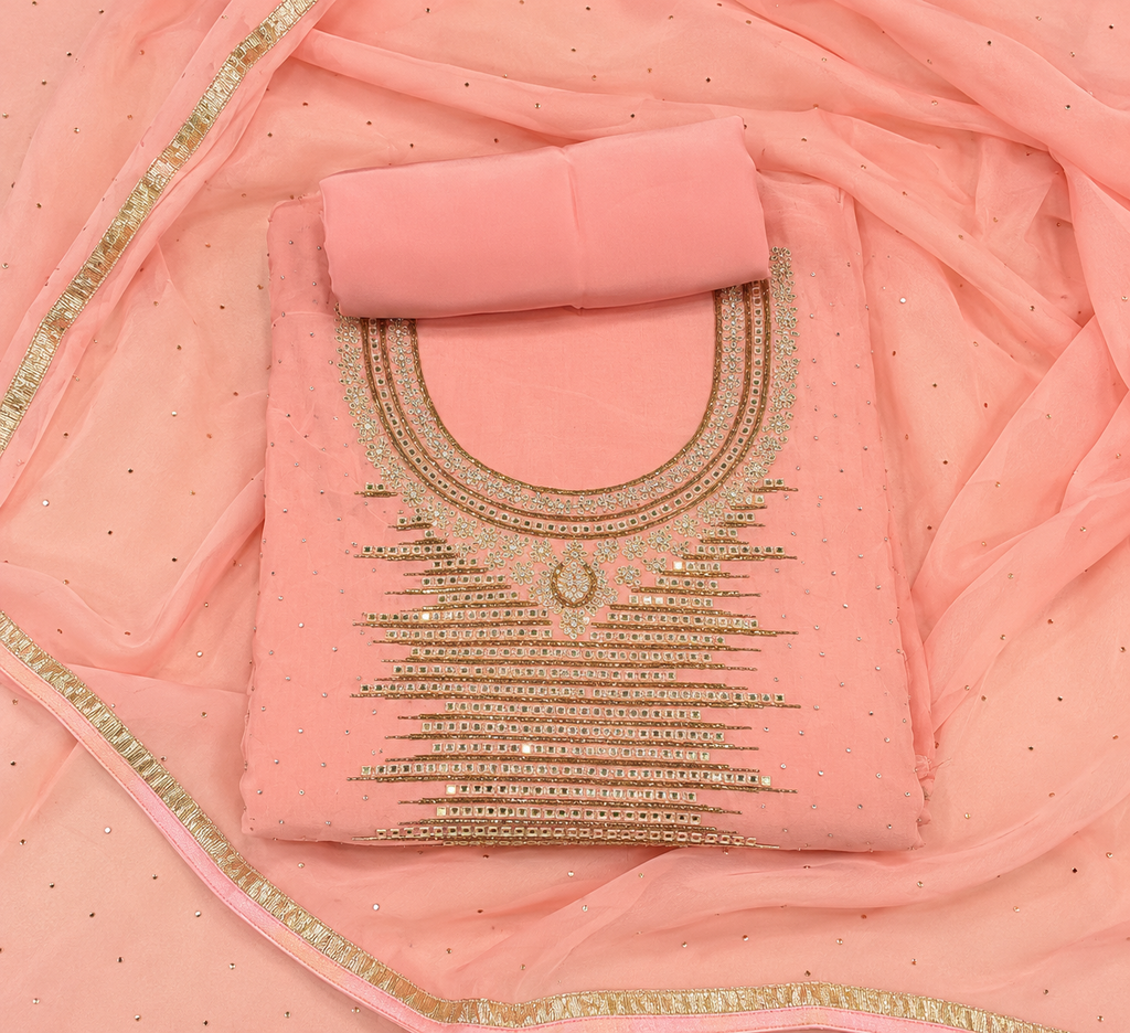 Blush Pink Organza Embroidered Dress Material Set
