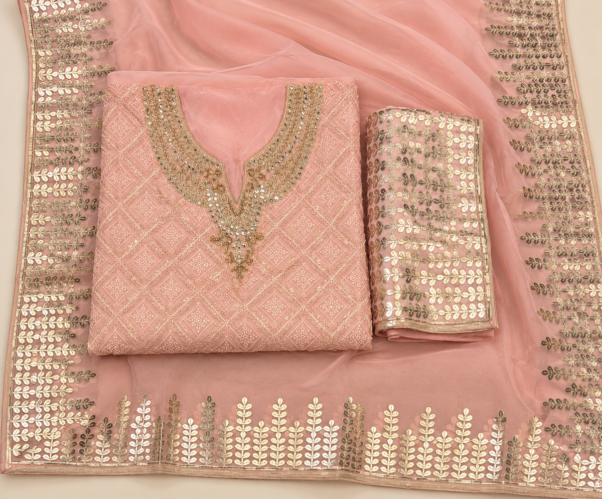 Pink Organza Gold Embroidered Unstitched Dress Material Set