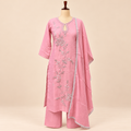 Multi-Tone Dusty Pink Cotton Floral Embroidered Straight Cut Kurta Set