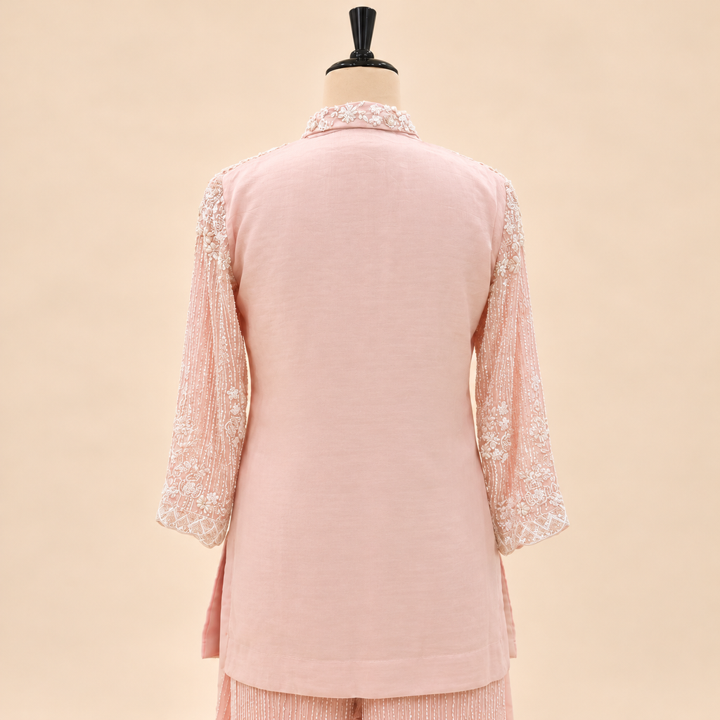 Blush Pink Floral Embroidered Chinon Palazzo Salwar Set