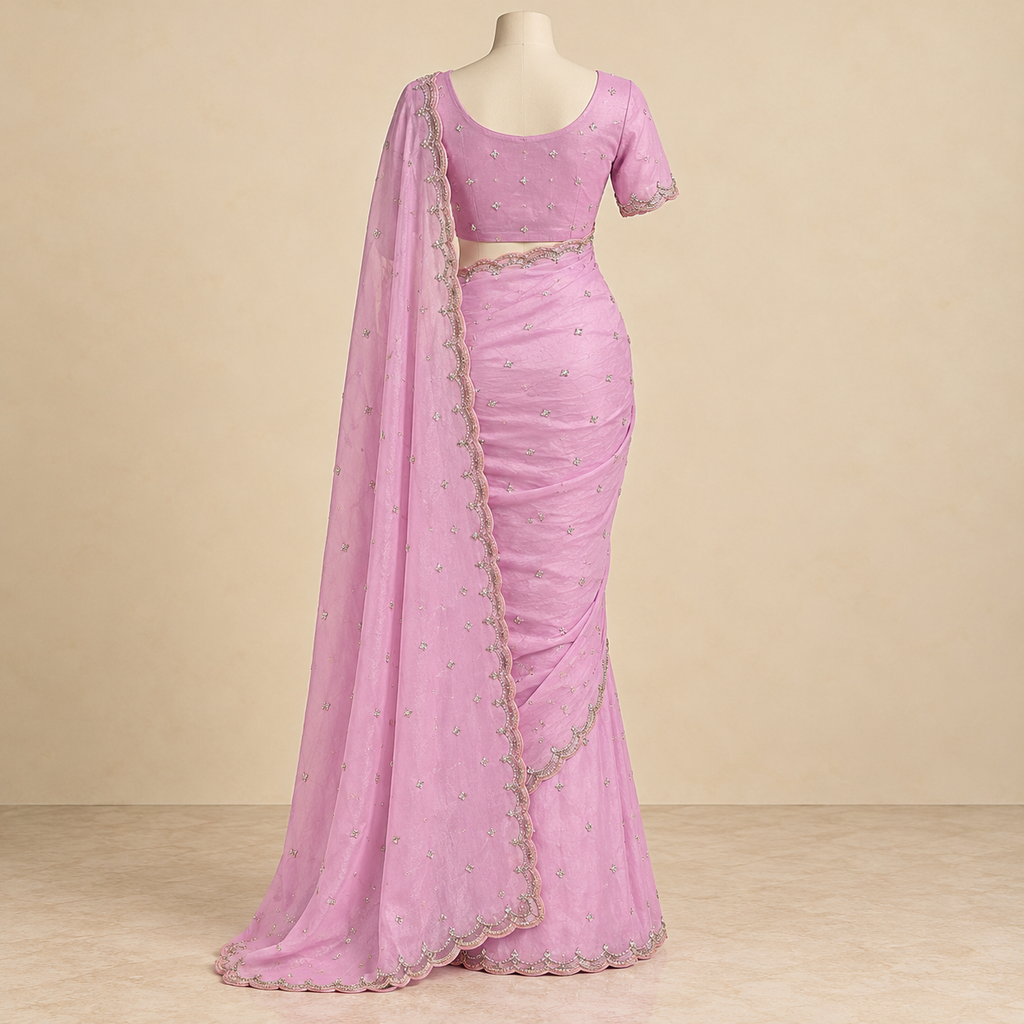 Lavender Fendy Saree with Delicate Gold Embroidery and Scalloped Bord