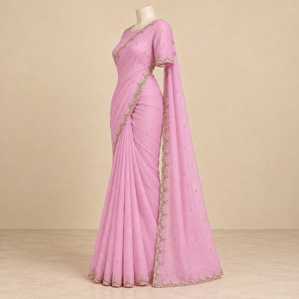 Lavender Fendy Saree with Delicate Gold Embroidery and Scalloped Bord