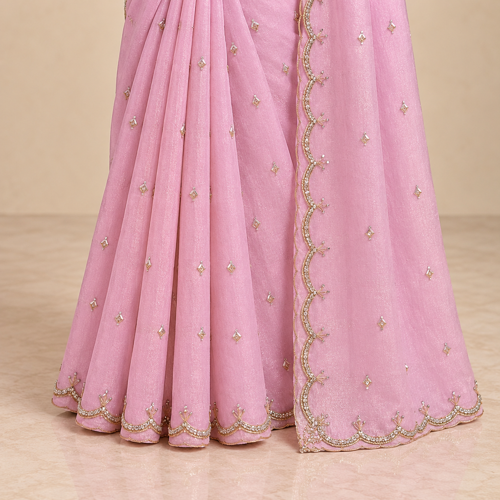 Lavender Fendy Saree with Delicate Gold Embroidery and Scalloped Bord