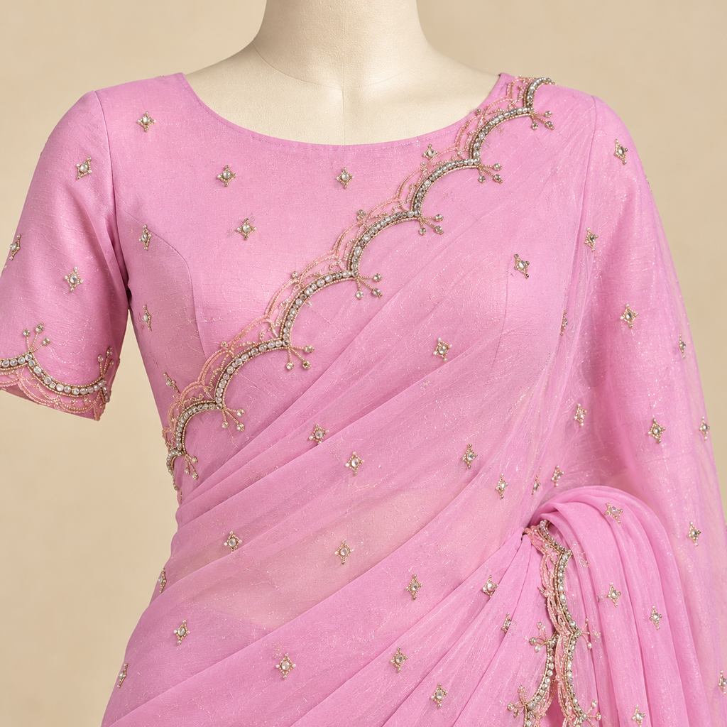 Lavender Fendy Saree with Delicate Gold Embroidery and Scalloped Bord