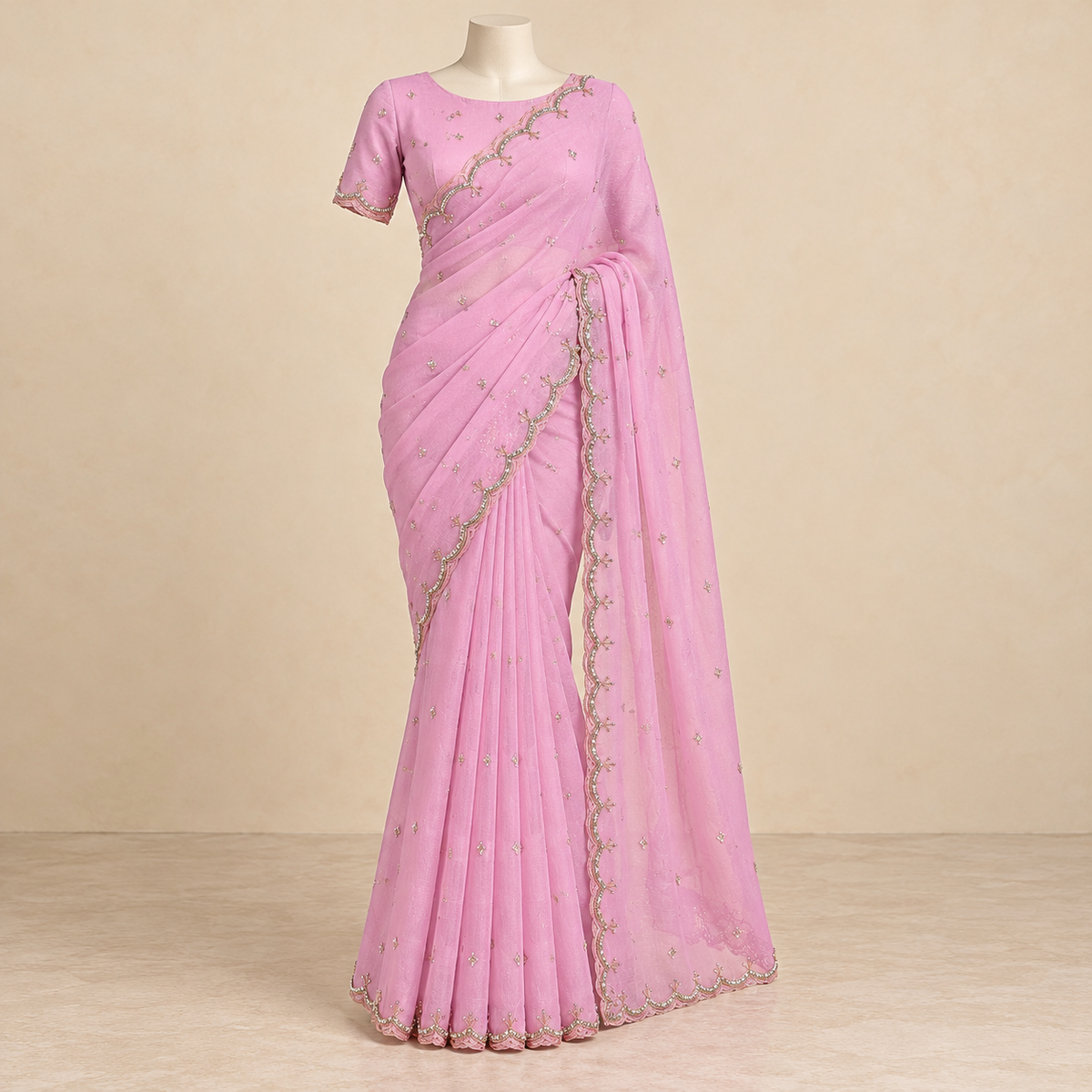 Lavender Fendy Saree with Delicate Gold Embroidery and Scalloped Bord