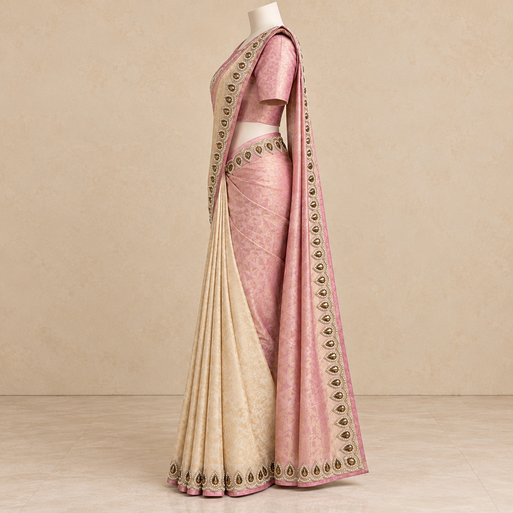 Pink Silk Saree with Contrast Cream Pallu and Embellished Border