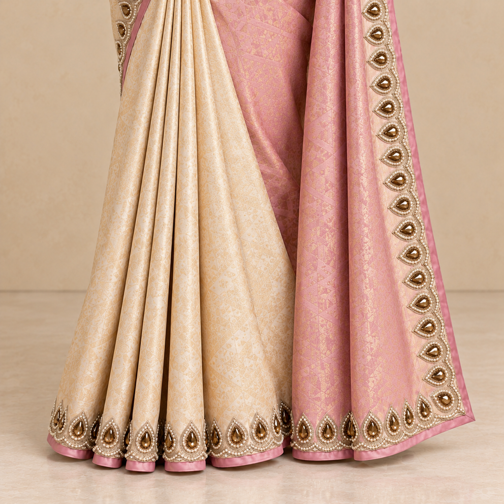 Pink Silk Saree with Contrast Cream Pallu and Embellished Border