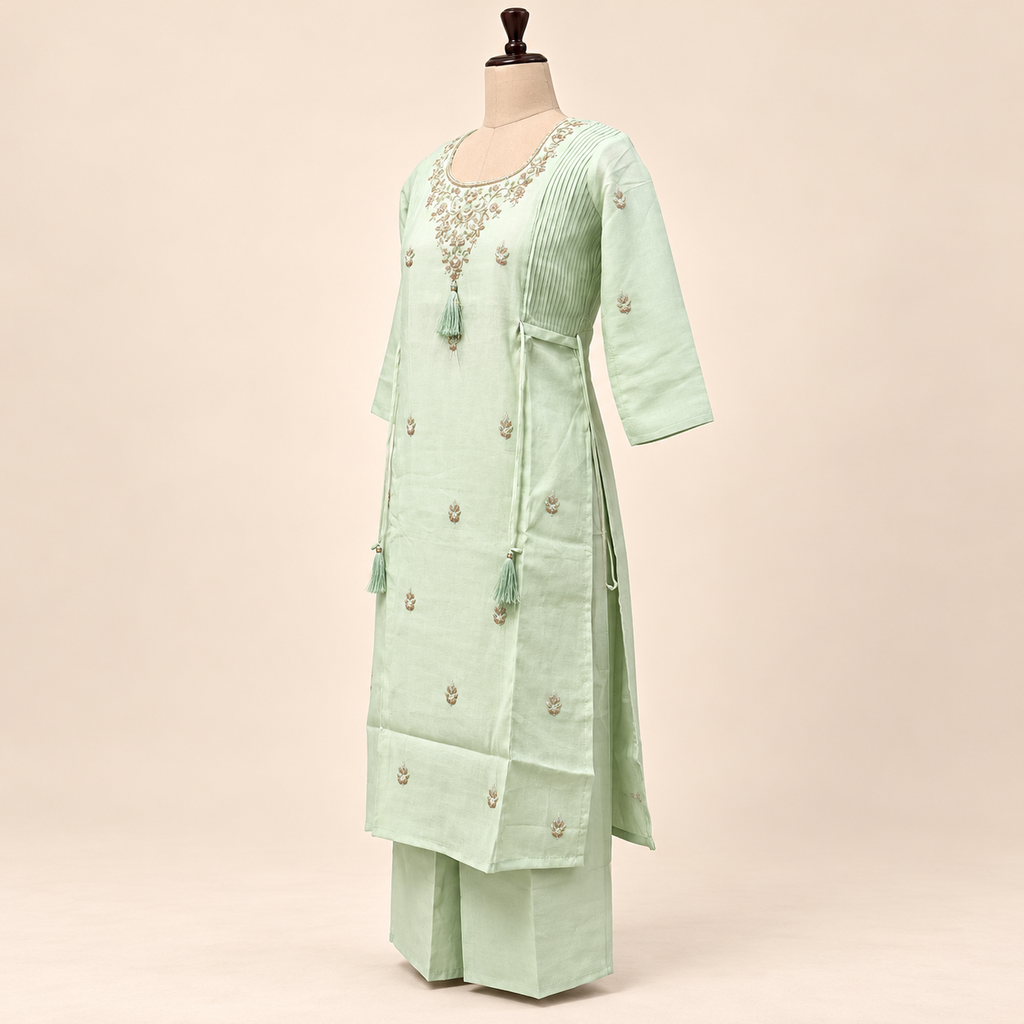 Multicolour Floral Embroidered Cotton Kurta Set with Palazzo and Dupatta