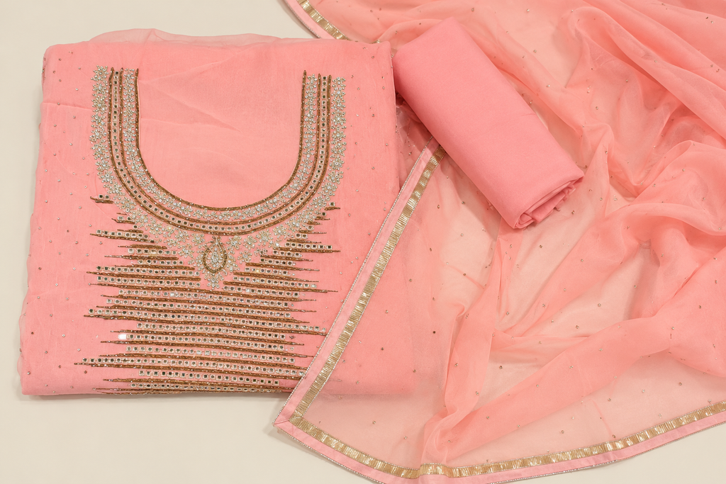 Blush Pink Organza Embroidered Dress Material Set