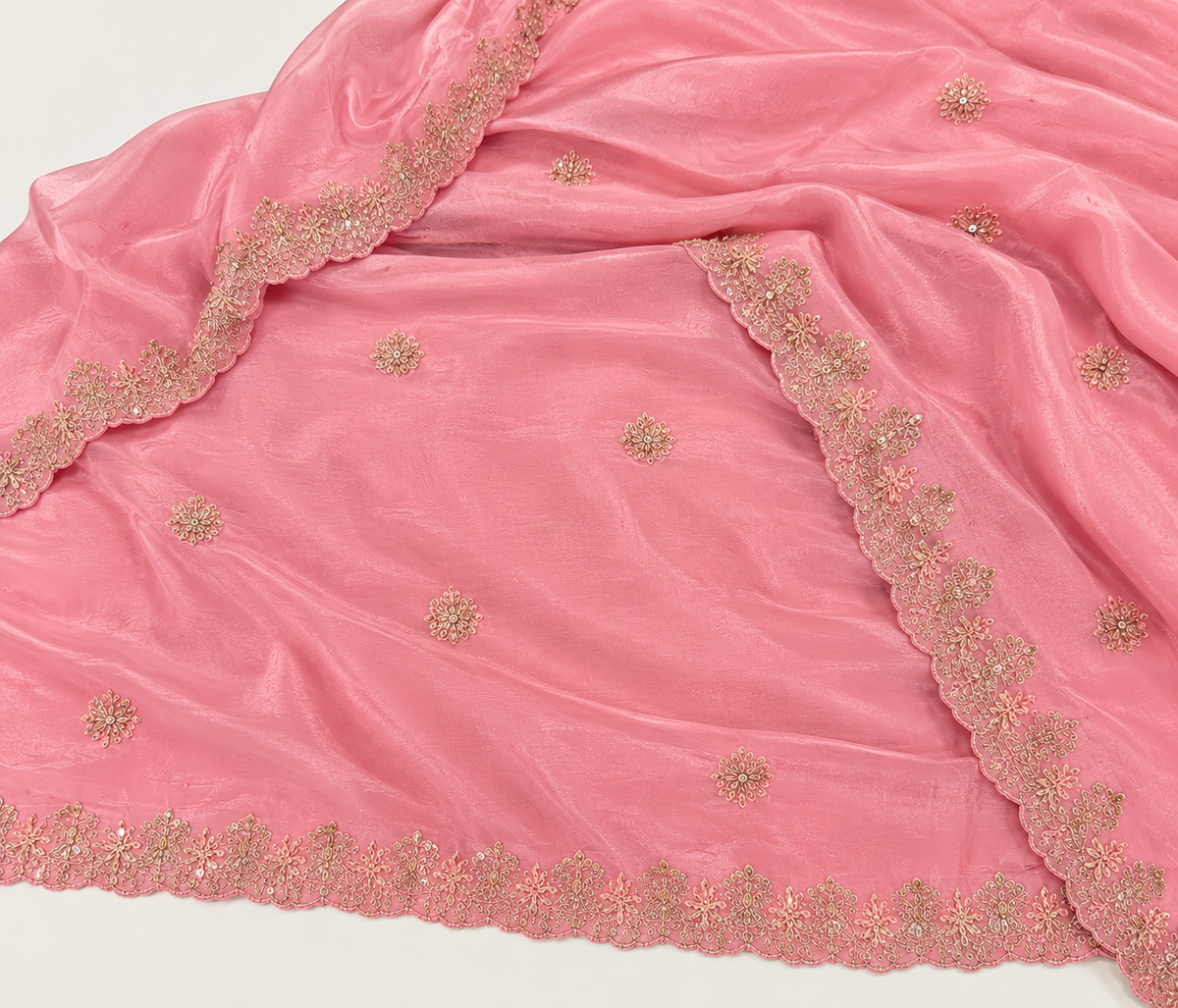 Rose Pink Crush Fabric Floral Embroidered Unstitched Dress Material Set