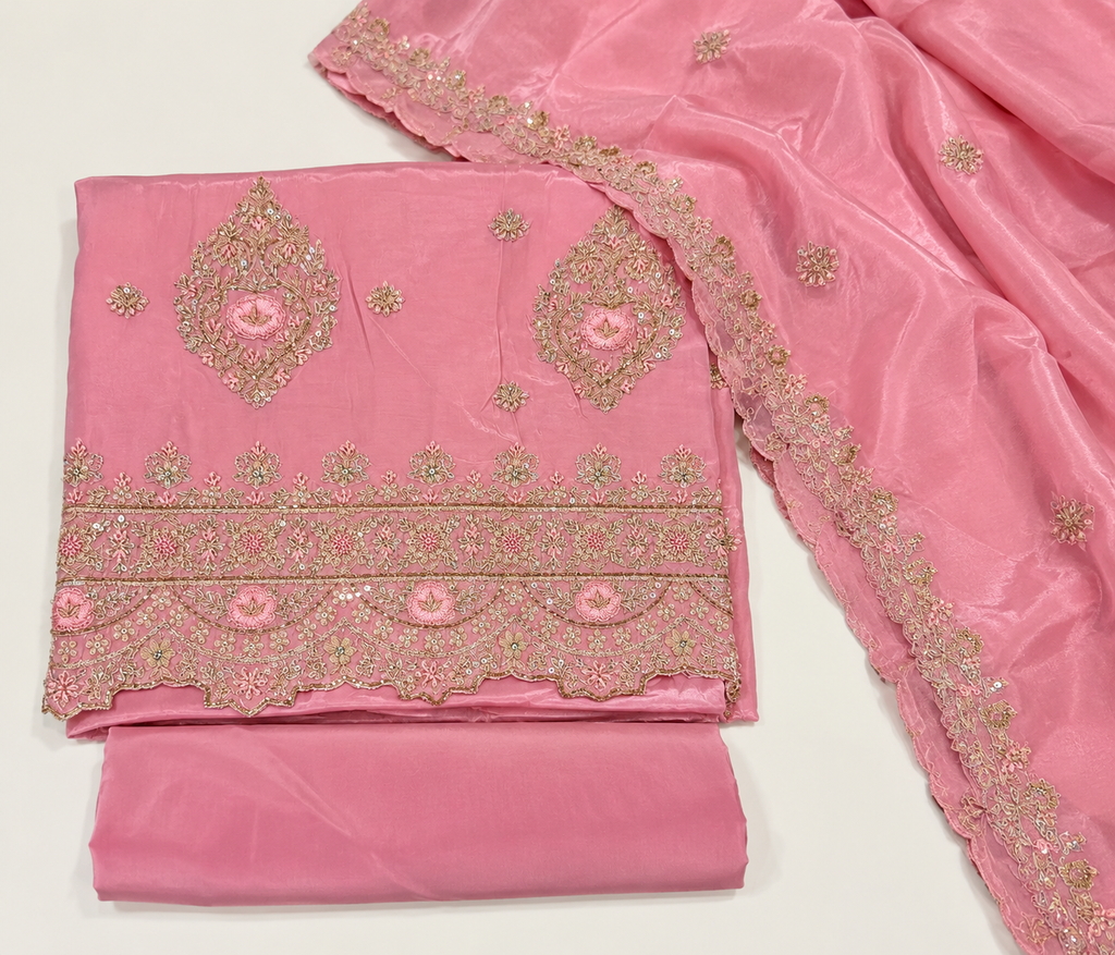 Rose Pink Crush Fabric Floral Embroidered Unstitched Dress Material Set