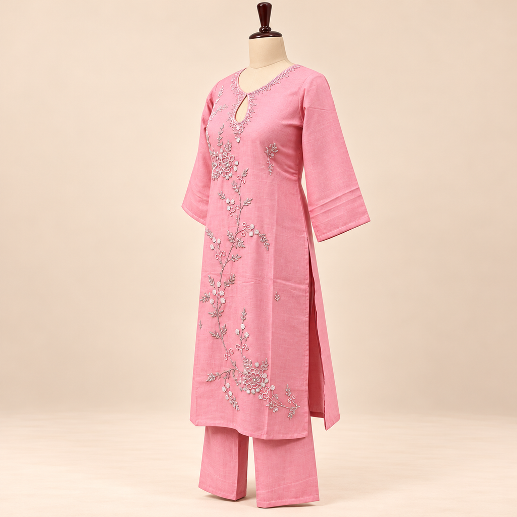 Multi-Tone Dusty Pink Cotton Floral Embroidered Straight Cut Kurta Set