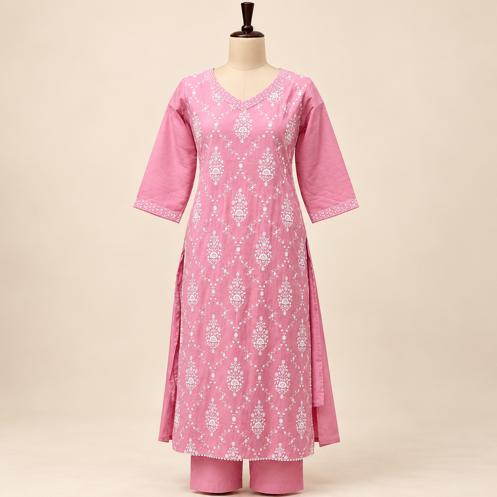 Multi-Tone Pink Cotton Floral Embroidered Straight Cut Salwar Suit with Dupatta