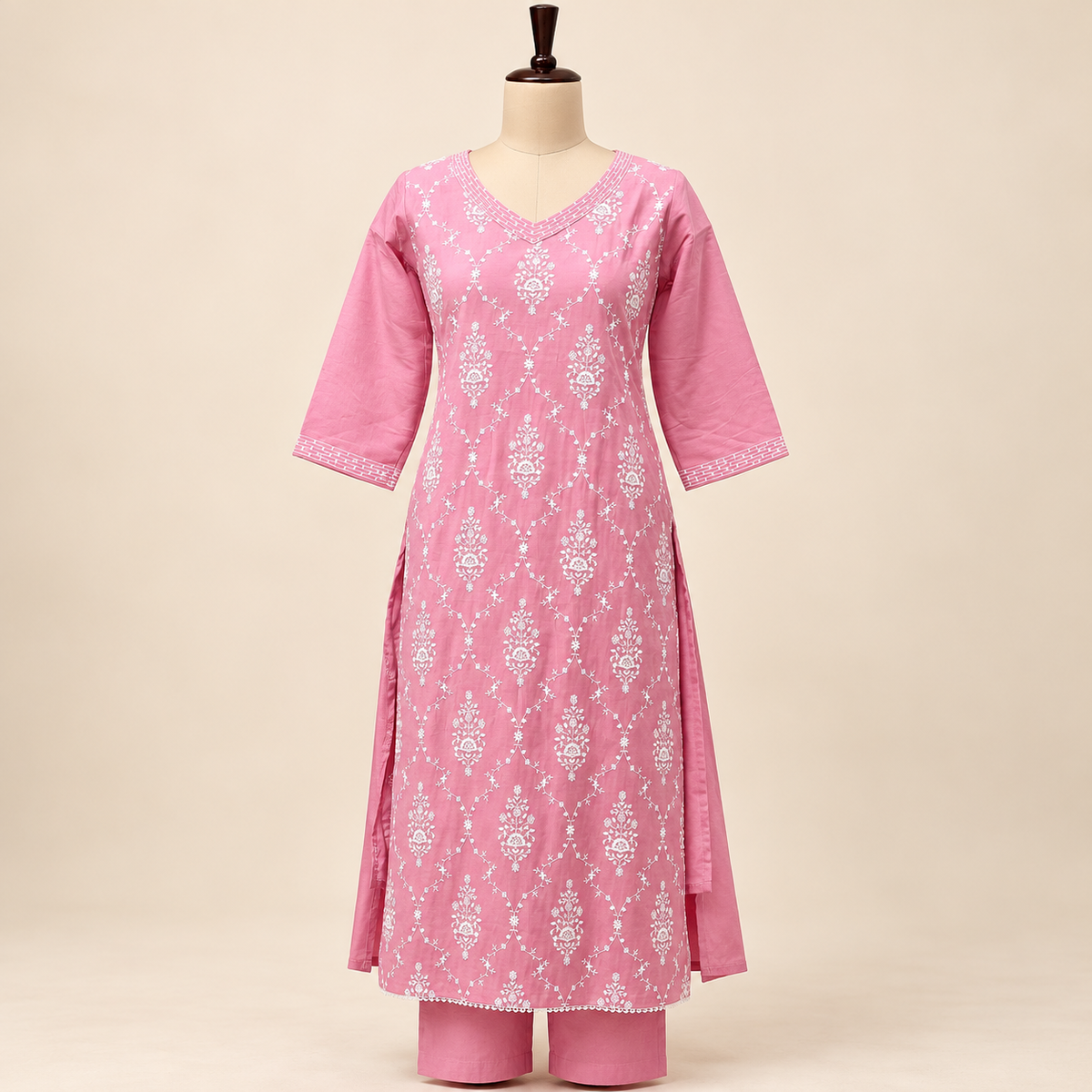 Multi-Tone Pink Cotton Floral Embroidered Straight Cut Salwar Suit with Dupatta