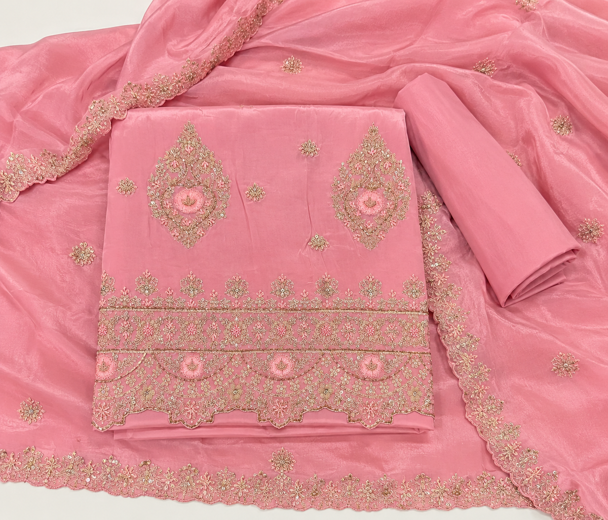 Rose Pink Crush Fabric Floral Embroidered Unstitched Dress Material Set