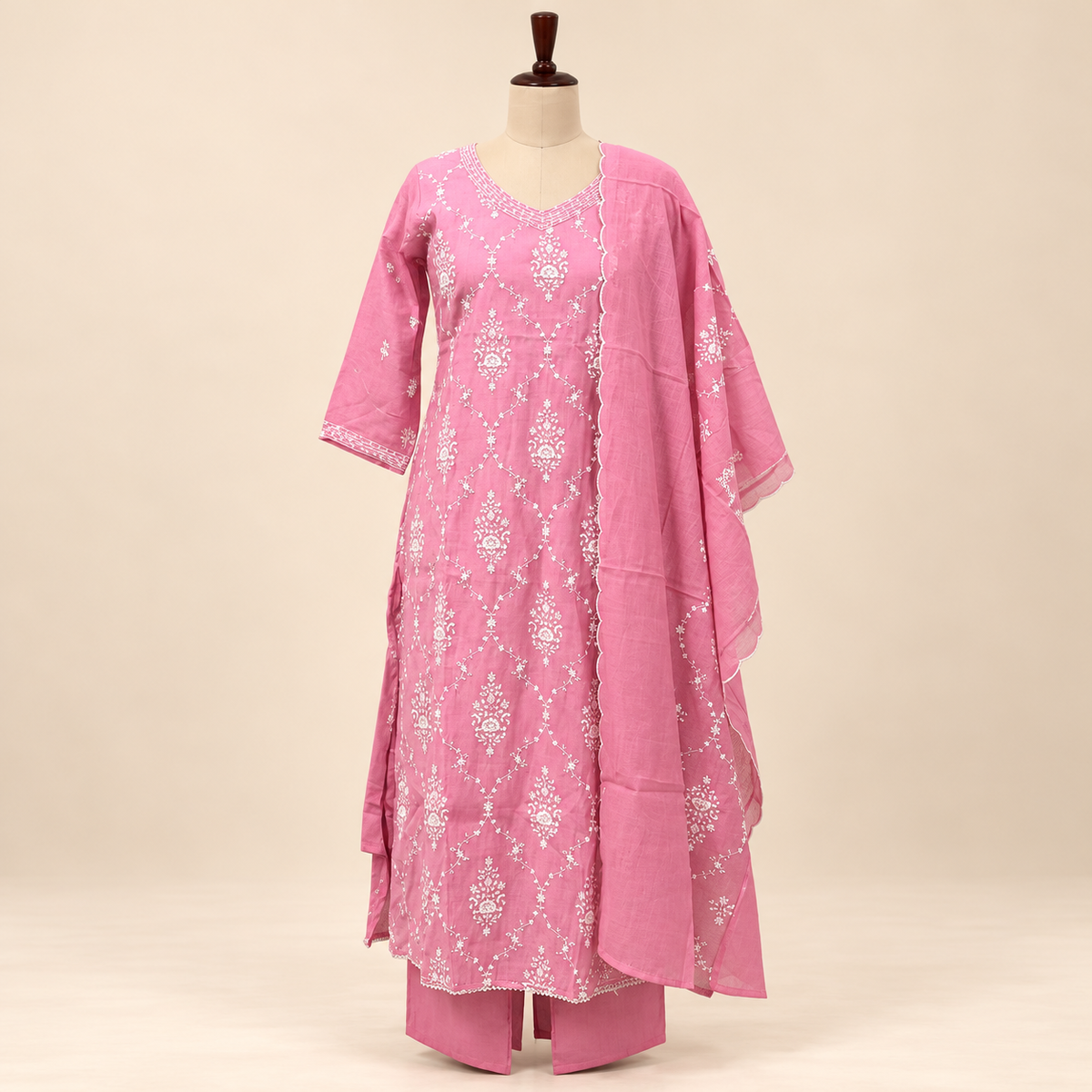 Multi-Tone Pink Cotton Floral Embroidered Straight Cut Salwar Suit with Dupatta