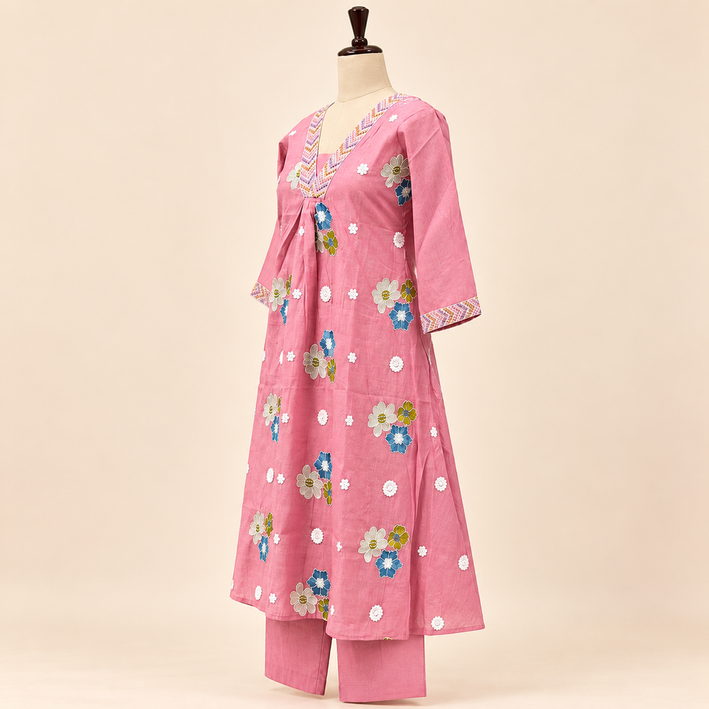 Multicolour Floral Embroidered Cotton Kurta Set