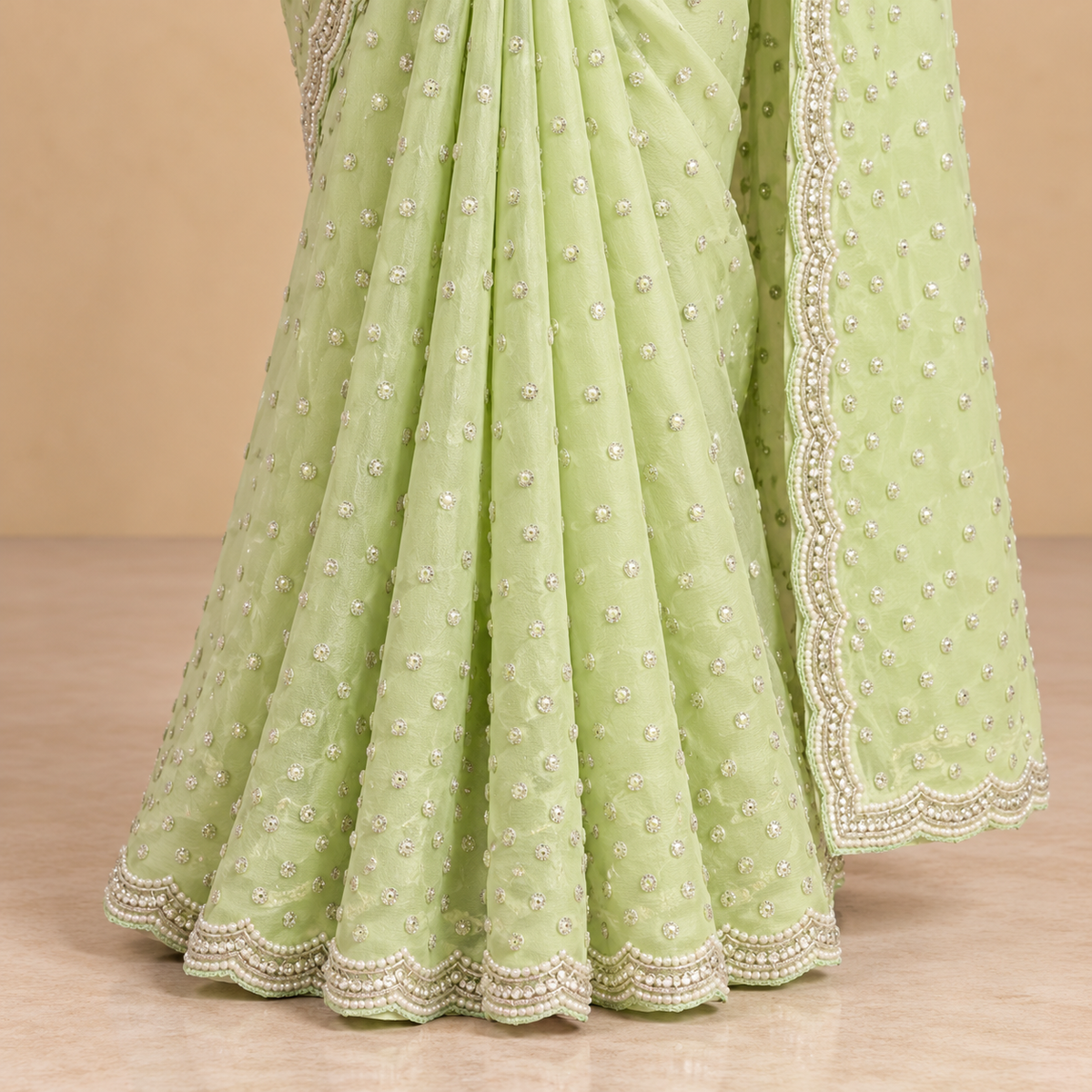 Pista Green chiffon  Saree with Scalloped Embellished Border