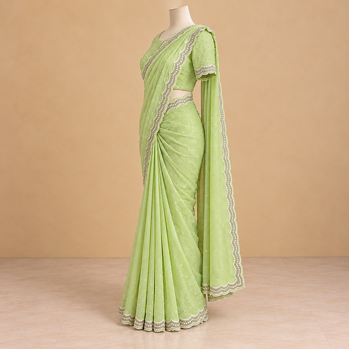 Pista Green chiffon  Saree with Scalloped Embellished Border