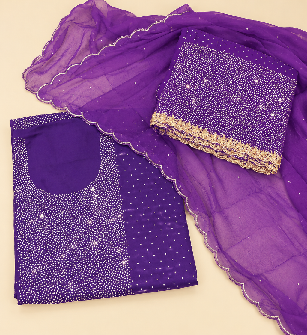 Royal Purple Chiffon Dress Material with Shimmering Stonework and Embroidered Dupatta