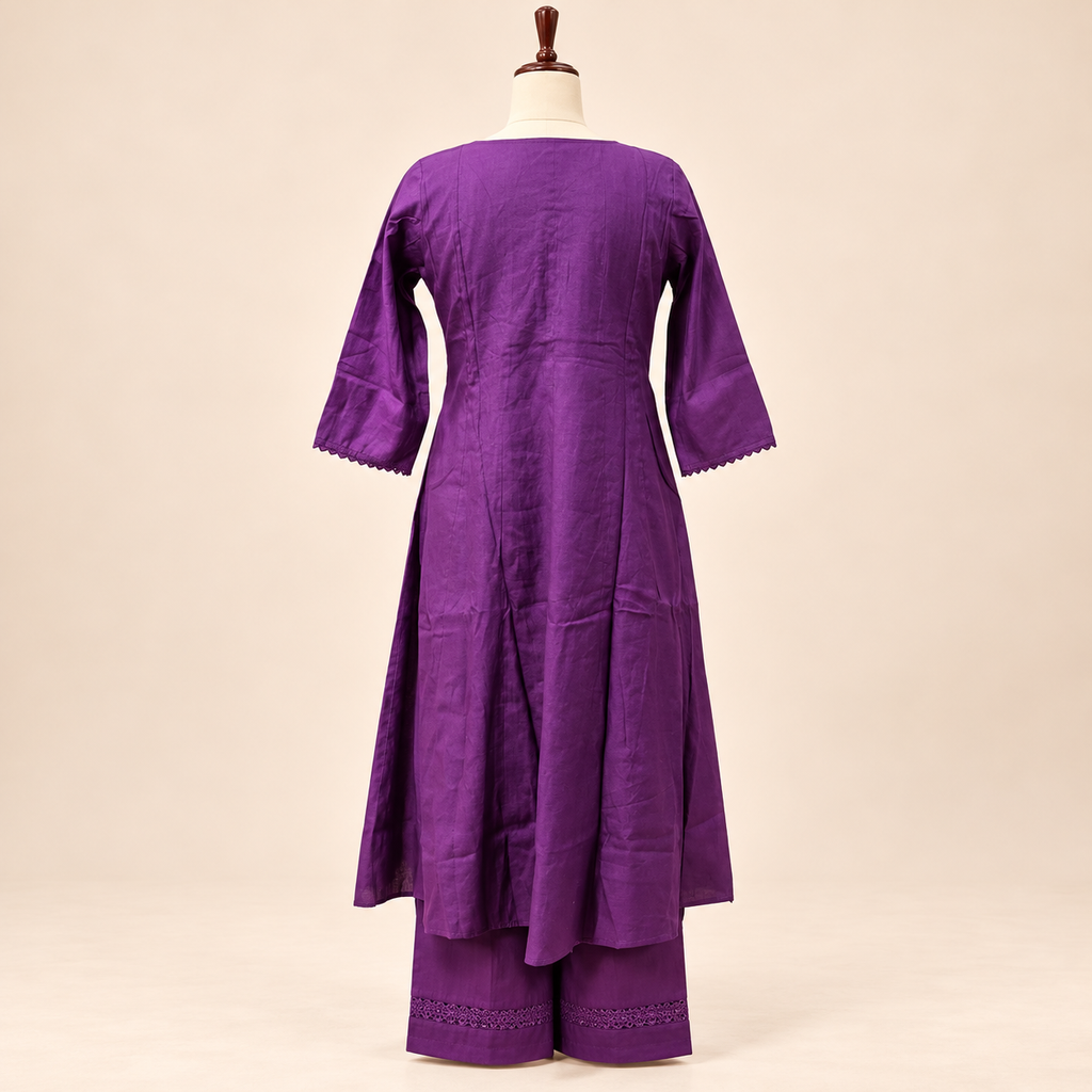 Multicolour Cotton Kurta Set with Beaded Neckline and Floral Printed Dupatta