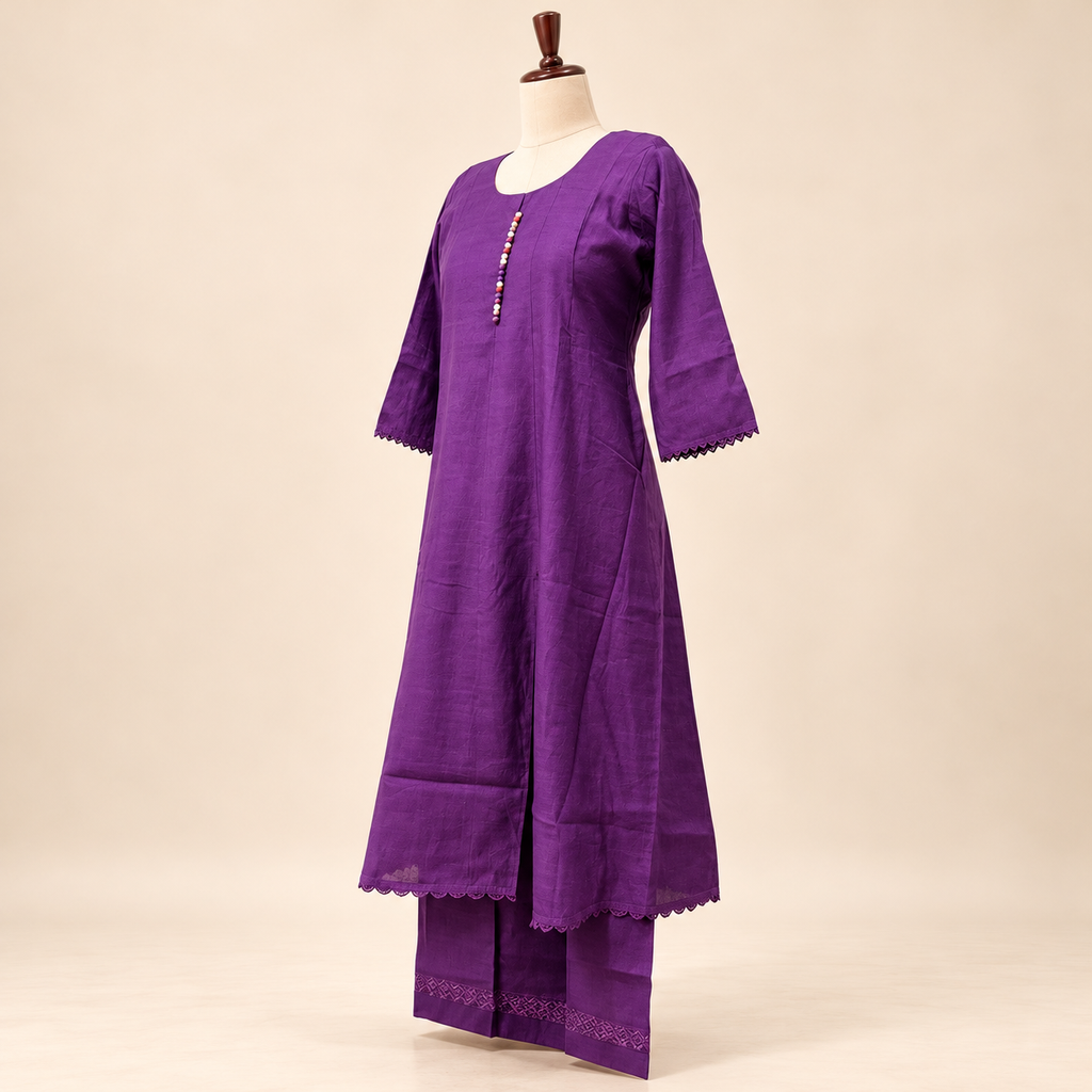 Multicolour Cotton Kurta Set with Beaded Neckline and Floral Printed Dupatta