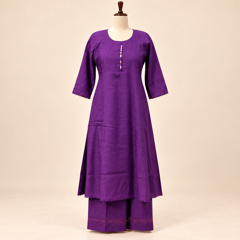 Multicolour Cotton Kurta Set with Beaded Neckline and Floral Printed Dupatta