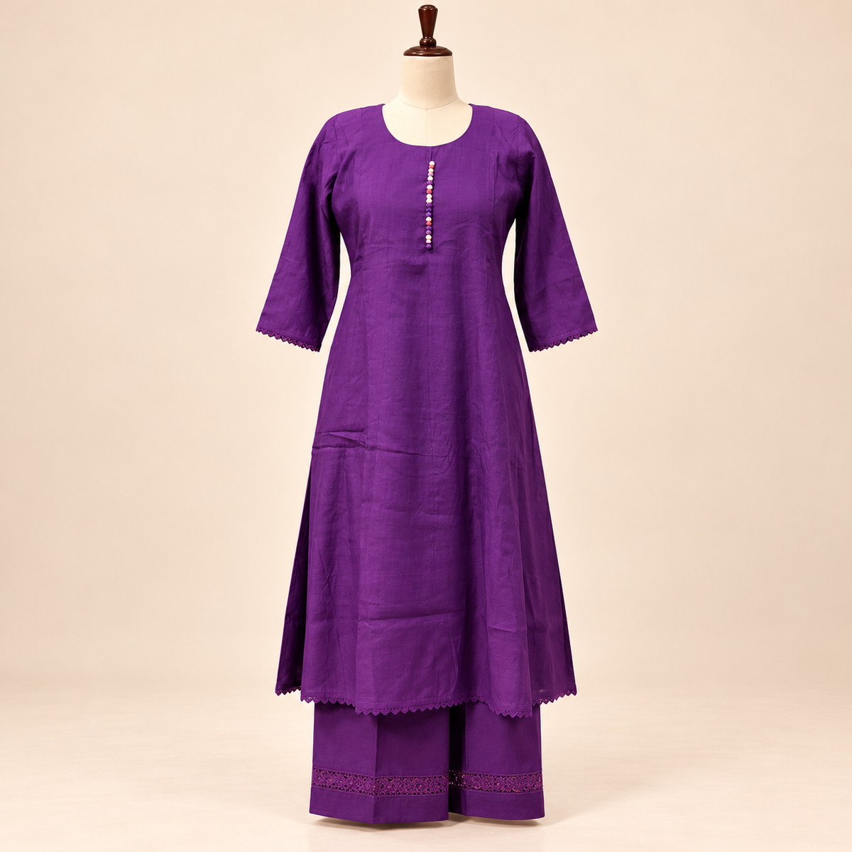 Multicolour Cotton Kurta Set with Beaded Neckline and Floral Printed Dupatta