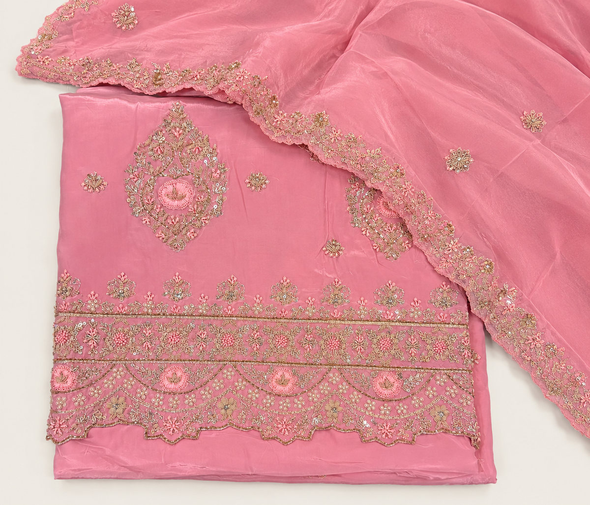 Rose Pink Crush Fabric Floral Embroidered Unstitched Dress Material Set