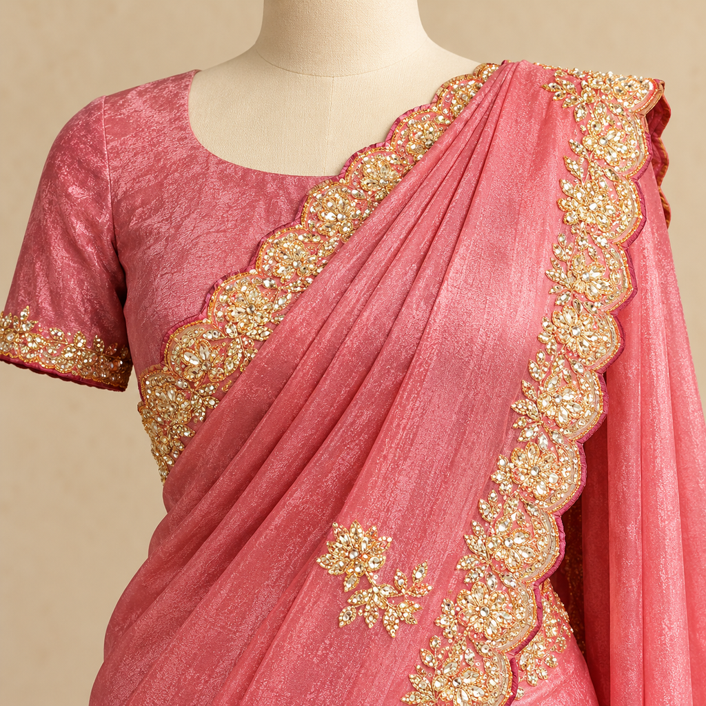 Onion Pink Fendy Saree with Gold Floral Embroidery and Scalloped Border