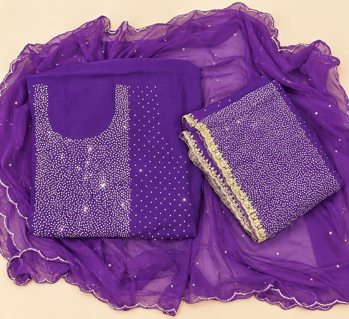 Royal Purple Chiffon Dress Material with Shimmering Stonework and Embroidered Dupatta