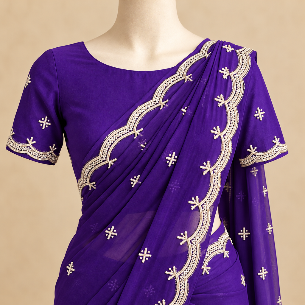 Onion Soft Organza Saree with Silver Embroidery and Scalloped Border