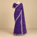 Onion Soft Organza Saree with Silver Embroidery and Scalloped Border